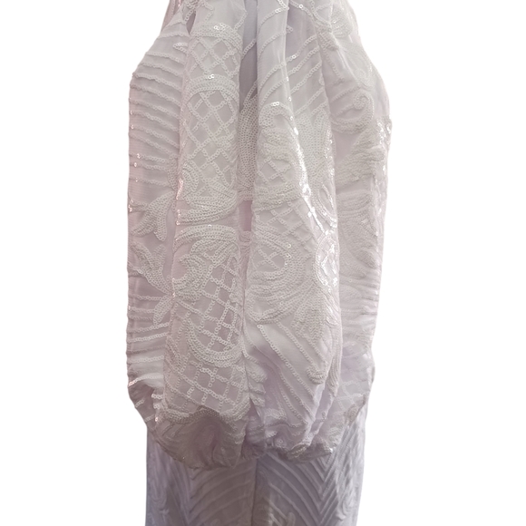 Beaded White Dress Zipper Sequins Puff Sleeve SEE MEASUREMENTS - Picture 9 of 15